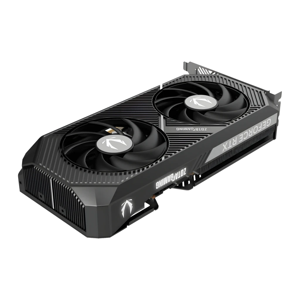 ZOTAC RTX 5070 Twin Edge 12GB, vista lateral com caixa: placa gráfica preta com duplo ventilador e módulo de memória prateado - Item1