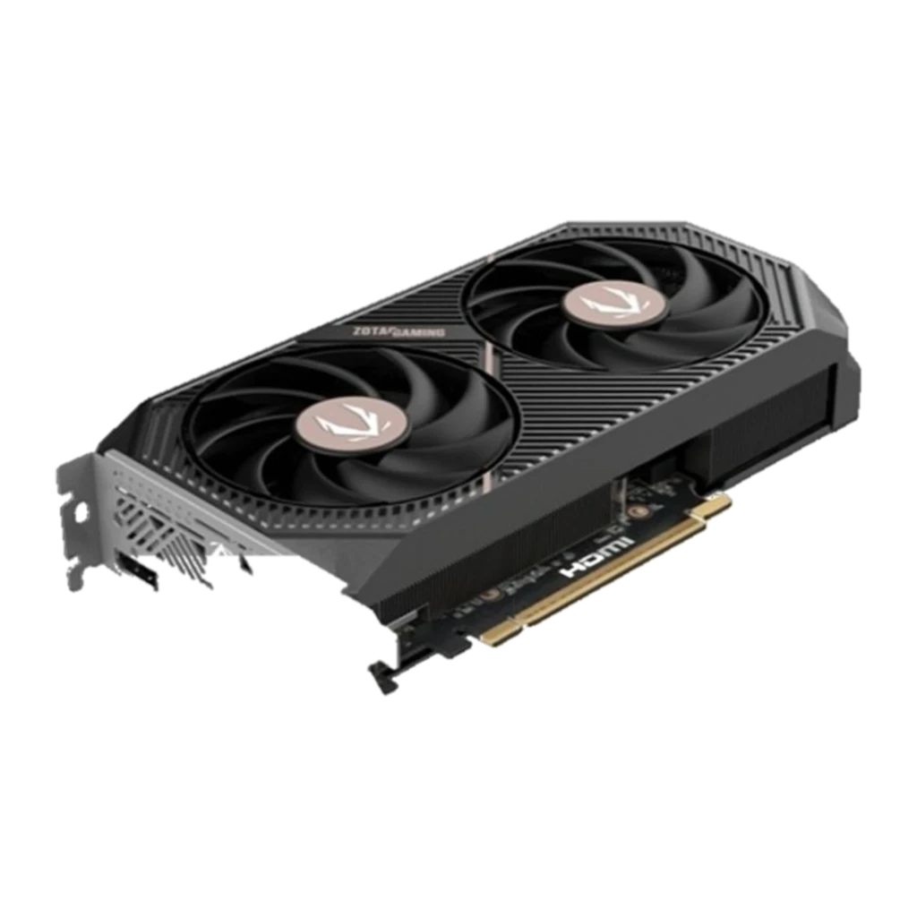 ZOTAC GeForce RTX 5060 Ti AMP 8GB Preto, vista frontal: ventiladores duplos e conectores HDMI - Item1