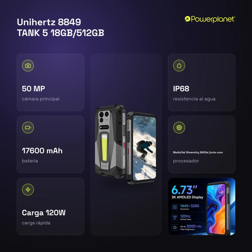 Smartphone robusto Unihertz 8849 Tank 5 com corpo reforçado, câmera 50 MP, lanterna traseira, tela 6,73 3K AMOLED, IP68, bateria 17600 mAh e carga 120W