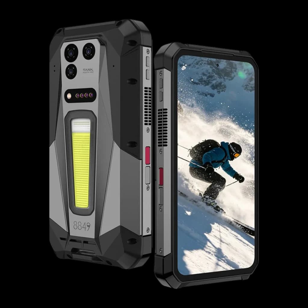 Smartphone robusto Unihertz 8849 Tank 5 com corpo reforçado, câmera tripla traseira, luz LED grande, botões laterais vermelhos e tela frontal ampla 2K