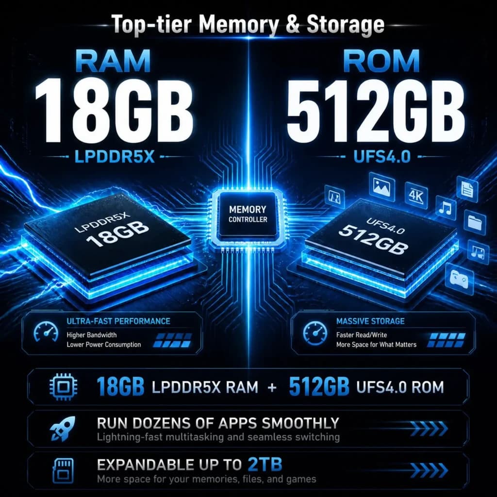 Cartão destacando memória top: RAM 18GB LPDDR5X e ROM 512GB UFS 4.0, multitarefa rápida, leitura/gravação veloz e expansão até 2TB para o Unihertz 8849