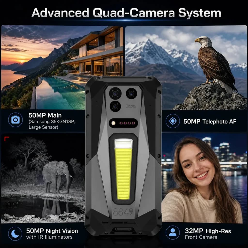 Unihertz 8849 Tank 5 robusto com módulo traseiro de câmera quádrupla, flash grande e design resistente; destaques de 50MP, visão noturna e telefoto 50MP