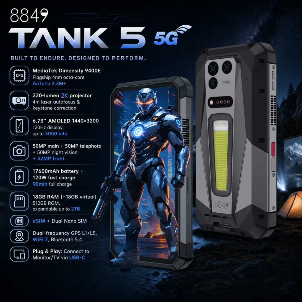 Unihertz 8849 Tank 5 robusto con chasis reforzado, triple cámara trasera, linterna LED grande, botones laterales rojos, pantalla 2K y rejillas del proyector - Ítem2