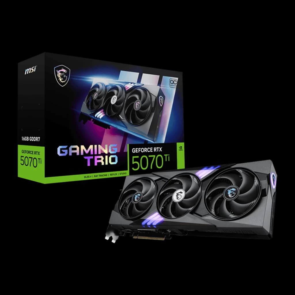 MSI GeForce RTX 5070 Ti Gaming Trio OC 16GB negro, embalaje y producto: caja Gaming Trio con tarjeta