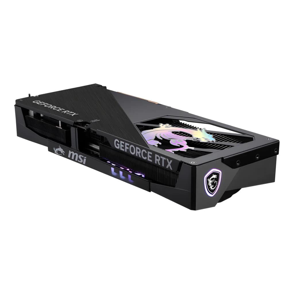 MSI GeForce RTX 5070 Ti Gaming Trio OC 16GB Negro, vista superior lateral: backplate negro con dragón RGB y logo MSI