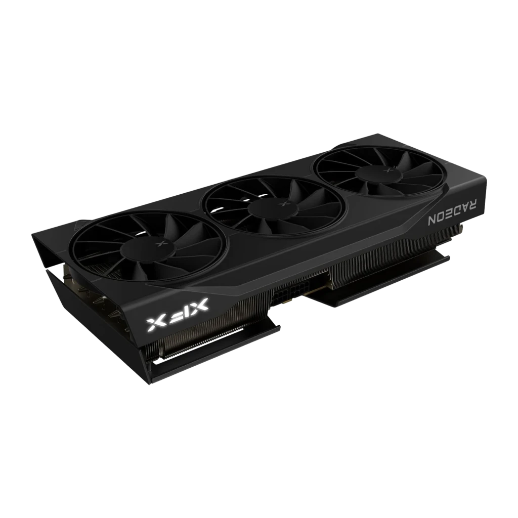 XFX Radeon RX 9070 XT Swift 16GB Preto, vista frontal com caixa: placa com três ventoinhas ao lado da embalagem - Item2