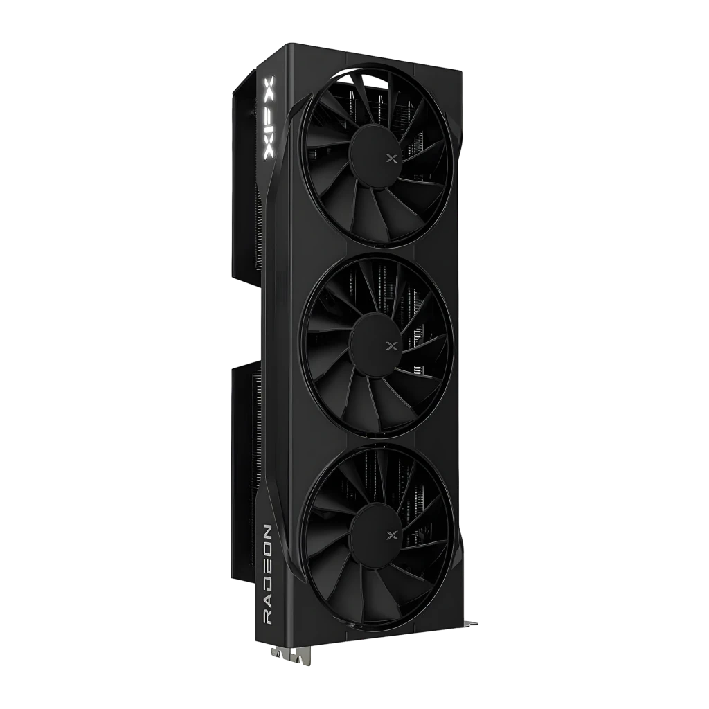 XFX Radeon RX 9070 XT Swift 16GB Preto, vista frontal com caixa: placa com três ventoinhas ao lado da embalagem - Item3