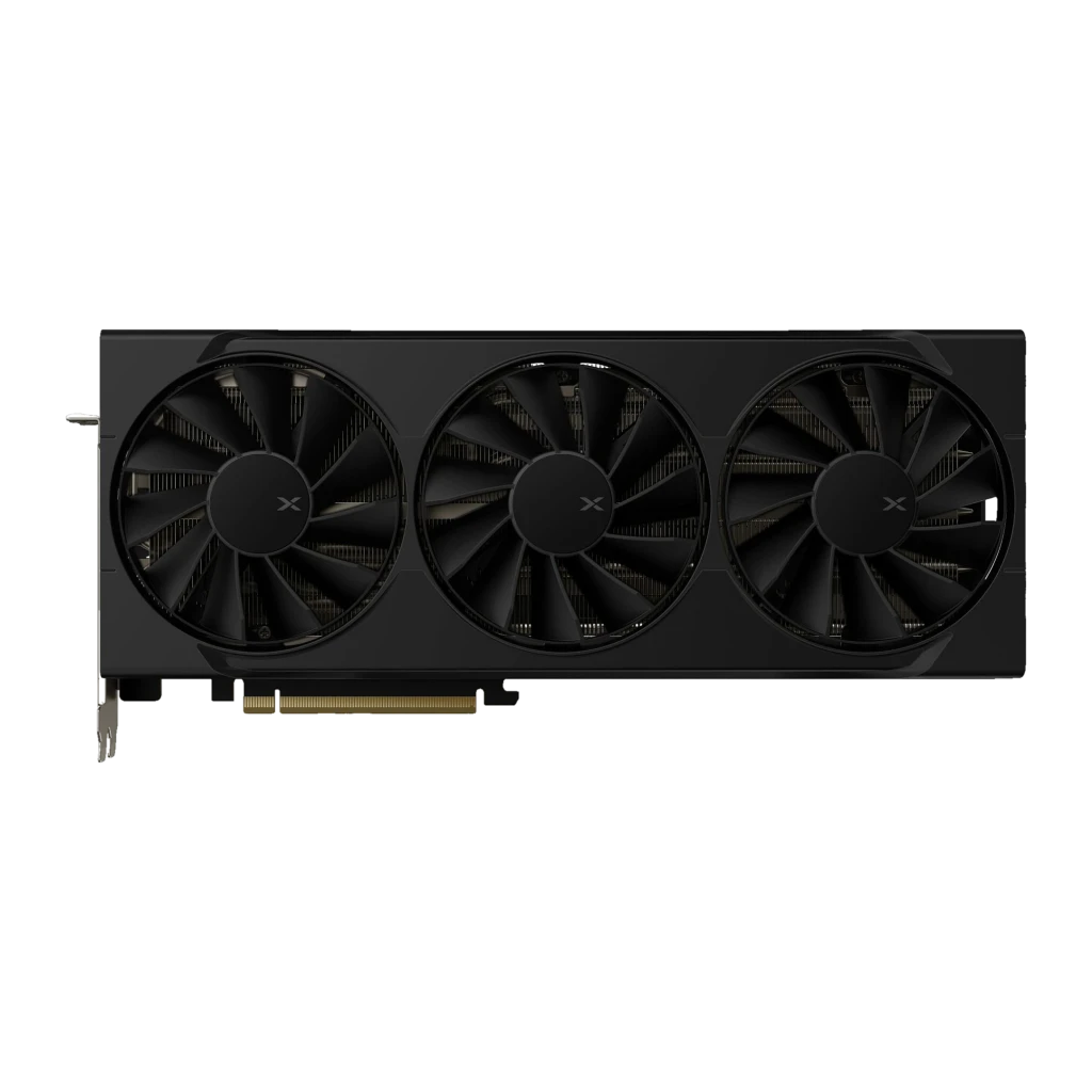 XFX Radeon RX 9070 XT Swift 16GB Preto, vista frontal com caixa: placa com três ventoinhas ao lado da embalagem - Item1