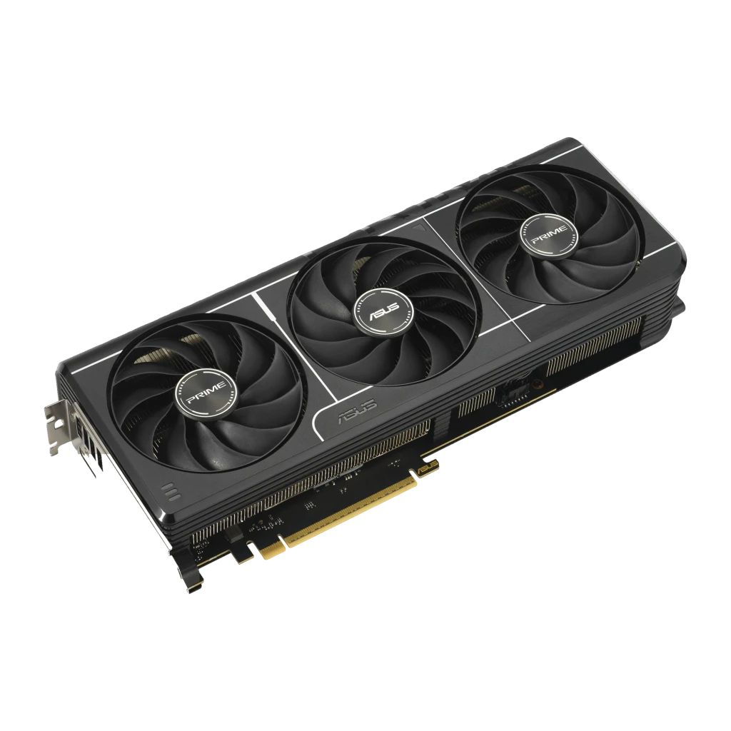 ASUS Prime GeForce RTX 5080 OC 16GB Preto, produto e caixa: placa com três ventoinhas ao lado da embalagem oficial - Item1