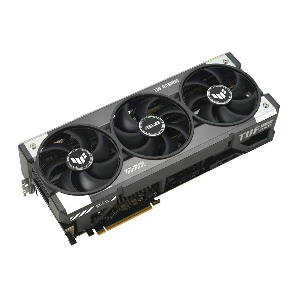 ASUS TUF Gaming GeForce RTX 5080 OC 16GB, vista com caixa: placa gráfica preta com três ventoinhas e embalagem frontal e - Item1