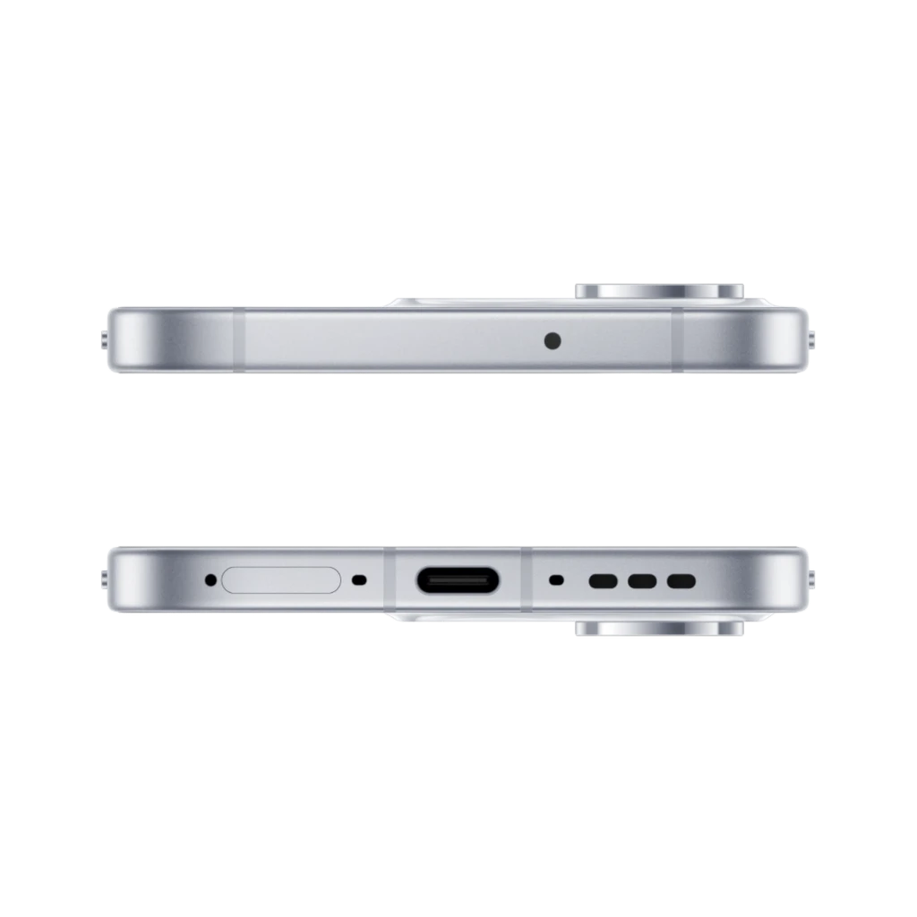 OPPO Reno16 Pro 5G blanc avec triple capteur arrière proéminent, écran bord à bord perforé, coque transparente incluse et chargeur blanc compact - Ítem4
