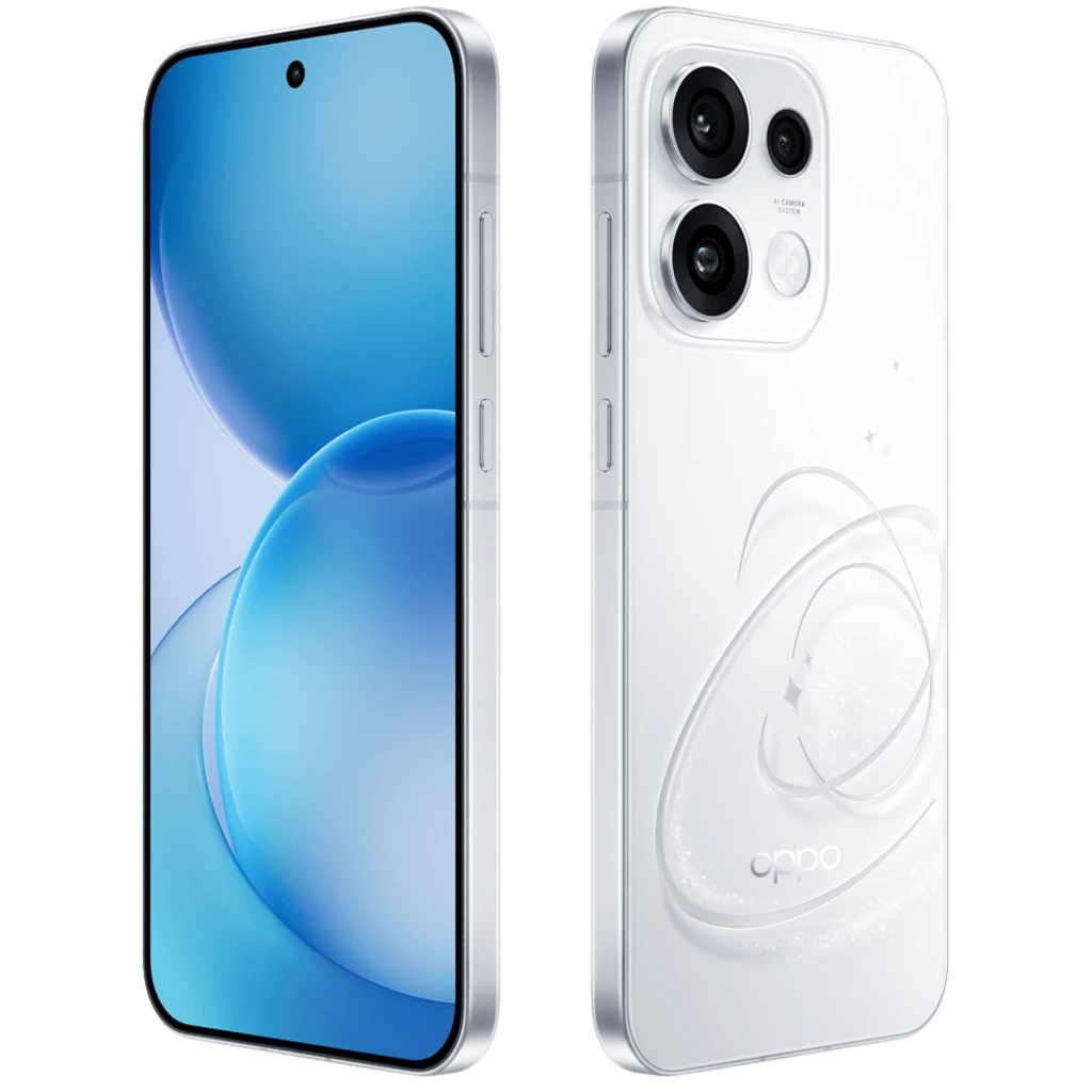 OPPO Reno16 Pro 5G blanc avec triple capteur arrière proéminent, écran bord à bord perforé, coque transparente incluse et chargeur blanc compact - Ítem2