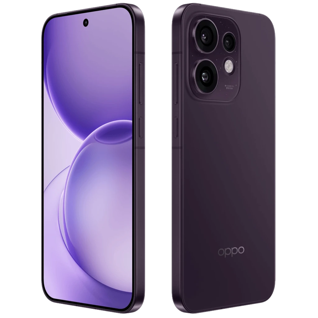 OPPO Reno16 5G roxo com tela AMOLED 6.32 120Hz, câmera tripla traseira, furo central na tela, capa transparente inclusa e carregador branco - Item1