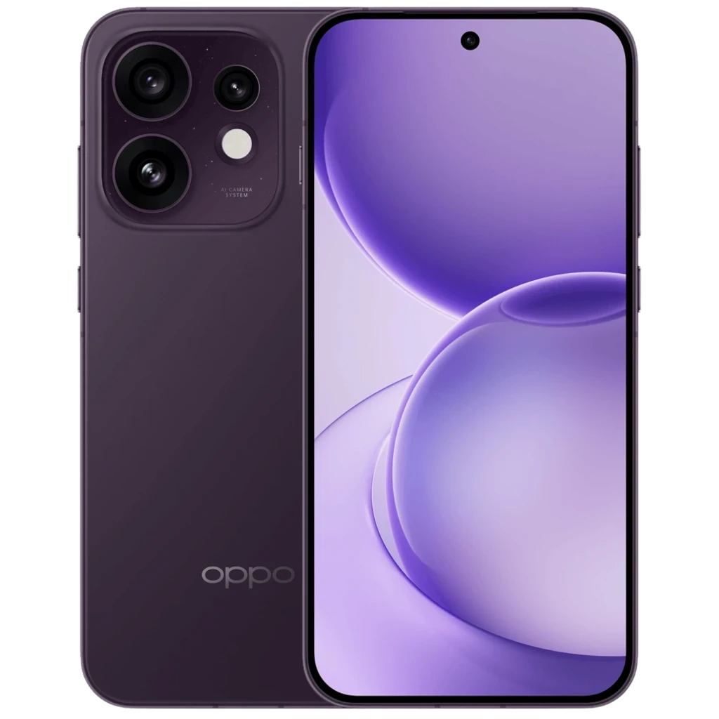 OPPO Reno16 5G negro púrpura con pantalla AMOLED 6,32 pulgadas 120Hz, frontal con perforación centrada y módulo trasero triple con flash circular