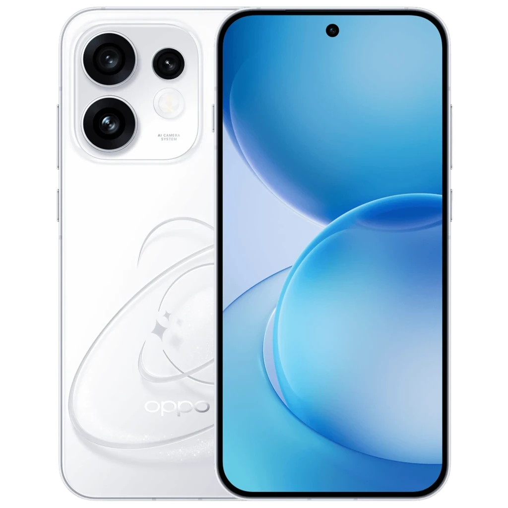 OPPO Reno16 5G blanco con pantalla amplia perforada, triple cámara trasera grande, acabado nacarado, incluye funda transparente y cargador compacto