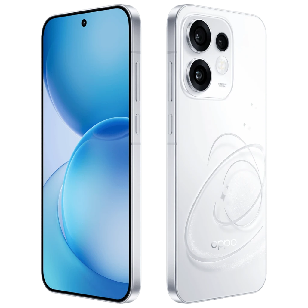 OPPO Reno16 5G branco com tela ampla perfurada, traseira perolada com anel gráfico, módulo triplo de câmeras saliente e carregador incluso - Item2