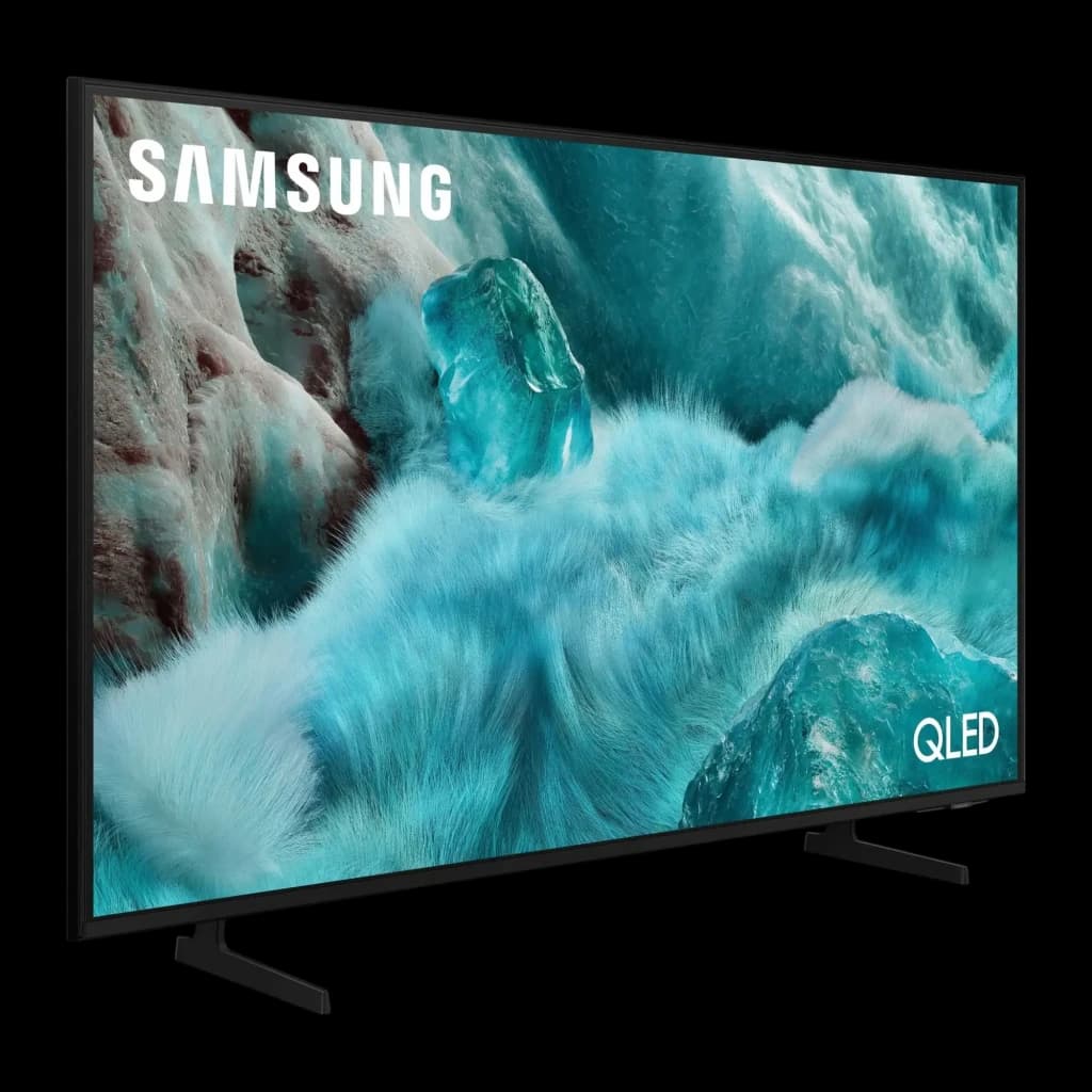 Samsung QE50Q7F2AU 50 pouces QLED 4K noir, vue angulaire gauche: écran allumé avec logo Samsung et QLED, bordure fine et