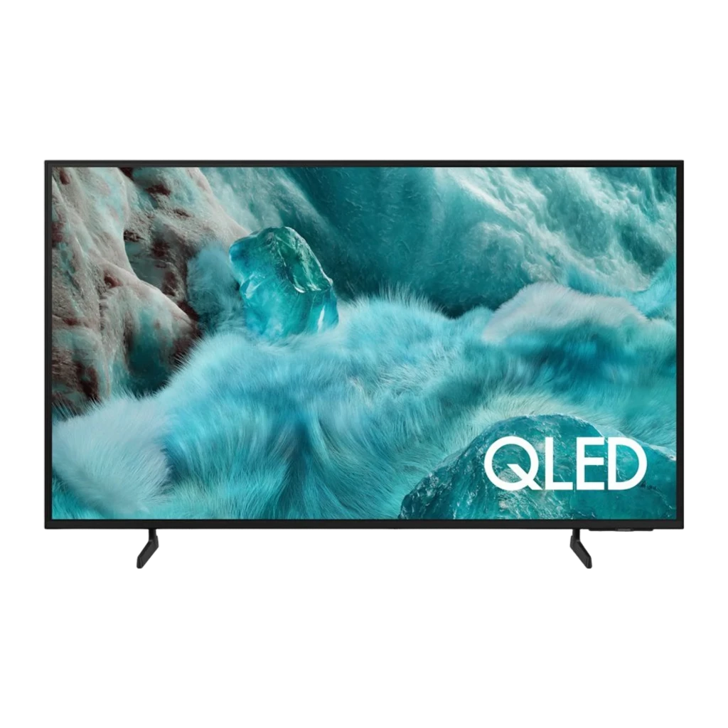 Samsung QE50Q7F2AU 50 polegadas QLED 4K preto, vista angular esquerda: ecrã ligado com logo Samsung e QLED, moldura fina e - Item1