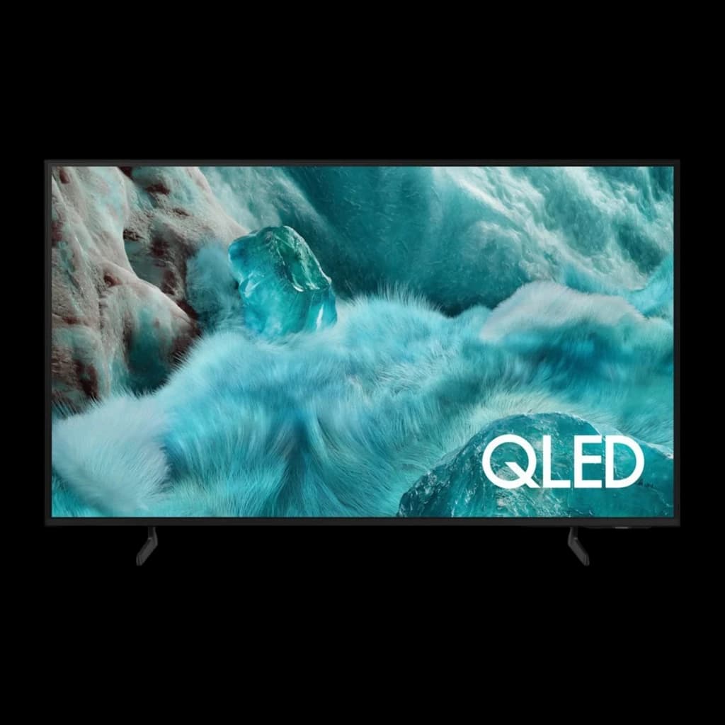 Samsung QE50Q7F2AU 50 pouces QLED 4K noir, vue de face: écran allumé avec logo QLED centré, bordure noire et deux pieds