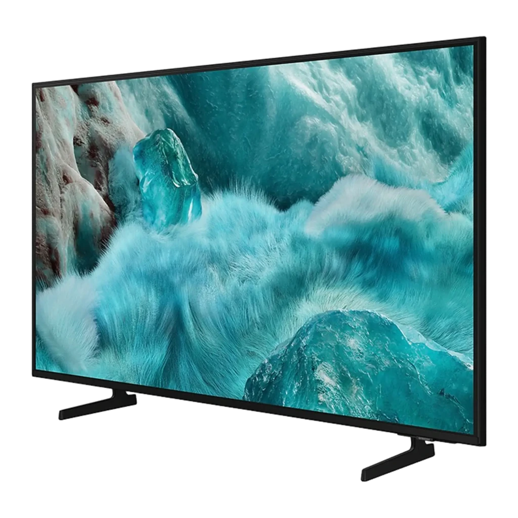 Samsung QE50Q7F2AU 50 polegadas QLED 4K preto, vista angular esquerda: ecrã ligado com logo Samsung e QLED, moldura fina e - Item2