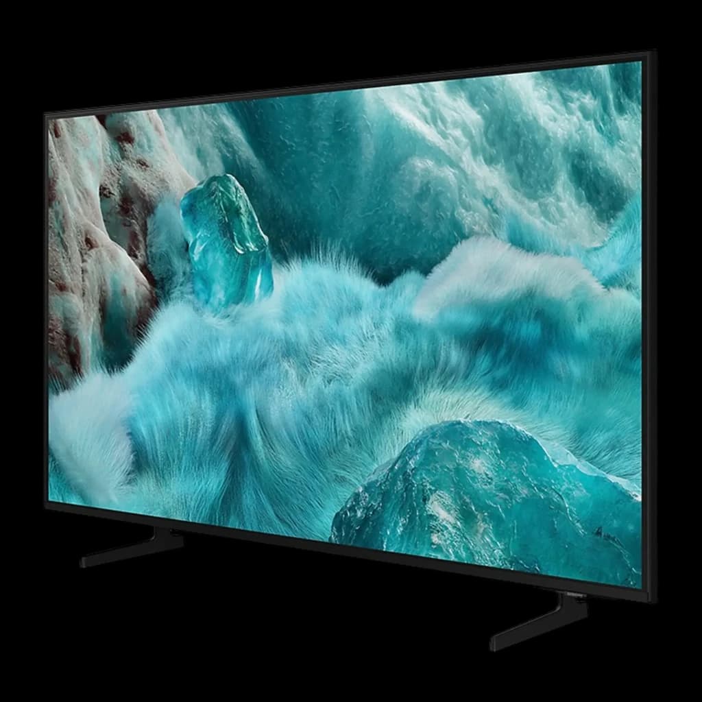 Samsung QE50Q7F2AU 50 pouces QLED 4K noir, vue angulaire droite: écran sans logos visibles, bordure ultrafine et pieds noirs