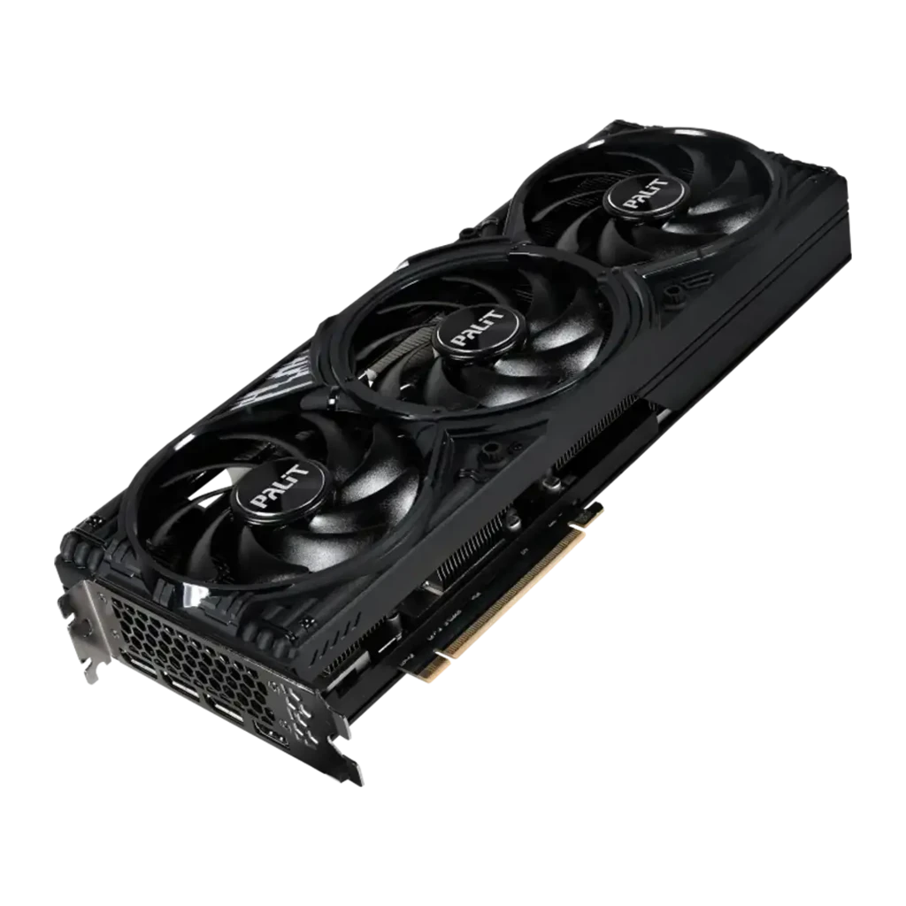 Palit RTX 5070 Ti GamingPro-S 16GB preto, caixa e placa: embalagem azul ao lado da GPU com triplo ventilador vista frontal - Item3