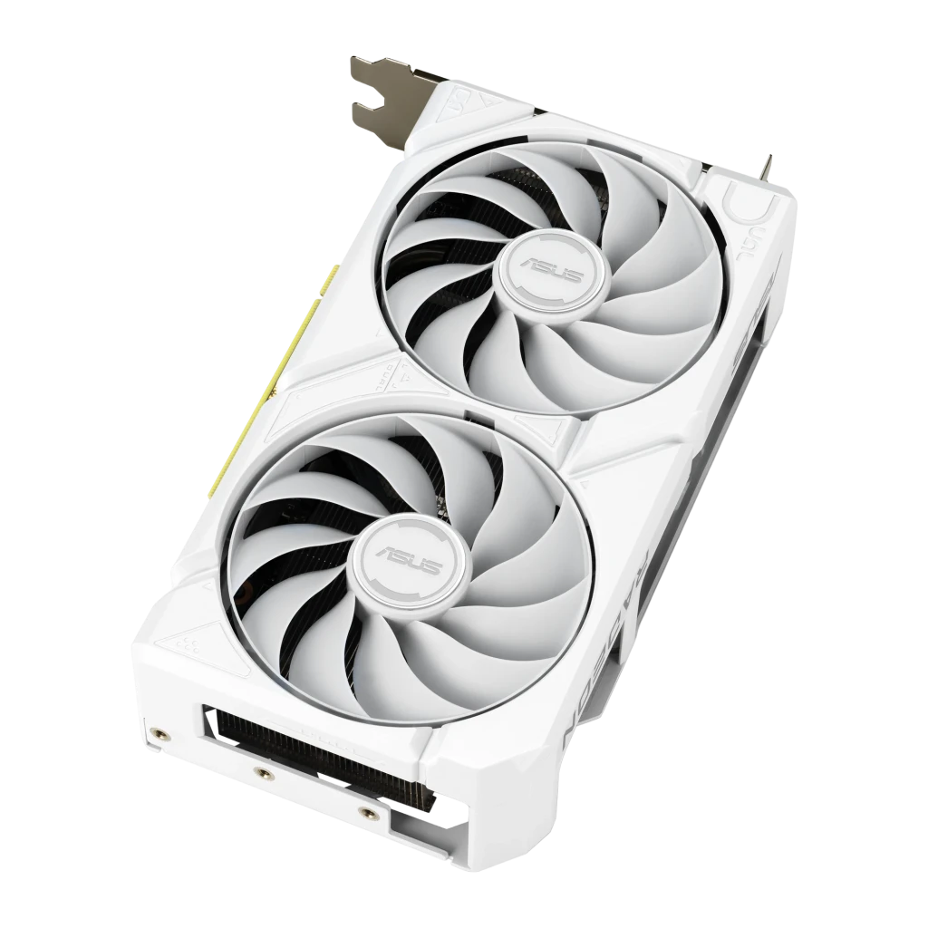 ASUS Dual RX 9060 XT 16GB Branco, placa com caixa: GPU em ângulo e embalagem oficial AMD Radeon - Item5