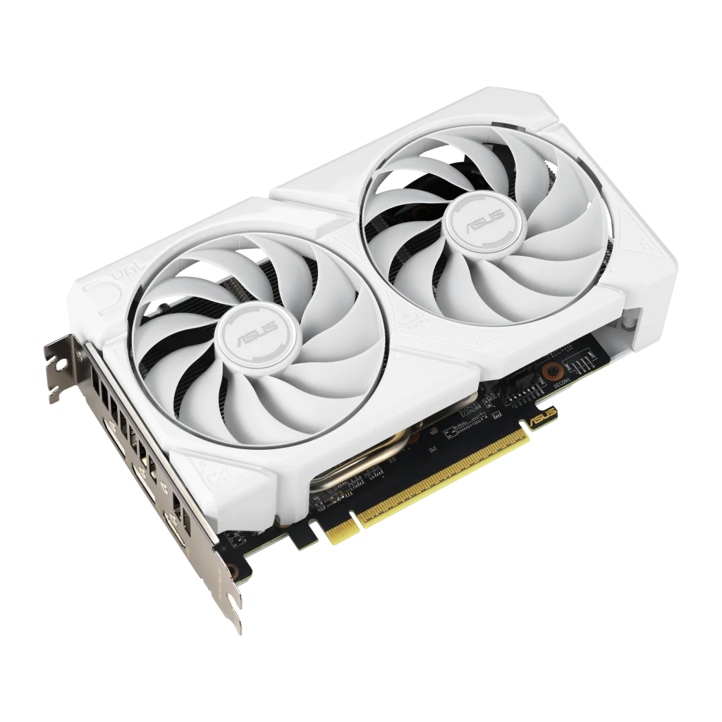 ASUS Dual RX 9060 XT 16GB Branco, placa com caixa: GPU em ângulo e embalagem oficial AMD Radeon - Item3