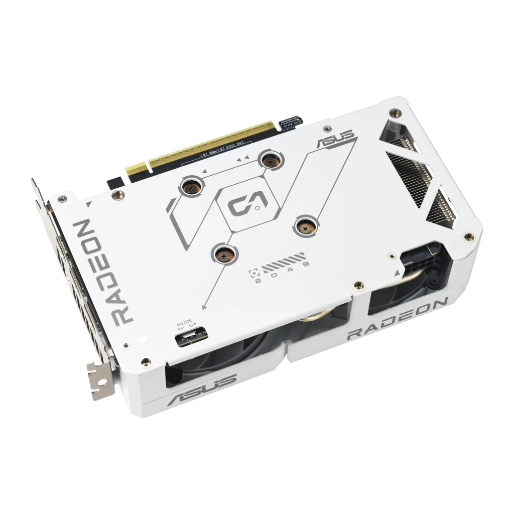 ASUS Dual RX 9060 XT 16GB Branco, placa com caixa: GPU em ângulo e embalagem oficial AMD Radeon - Item4