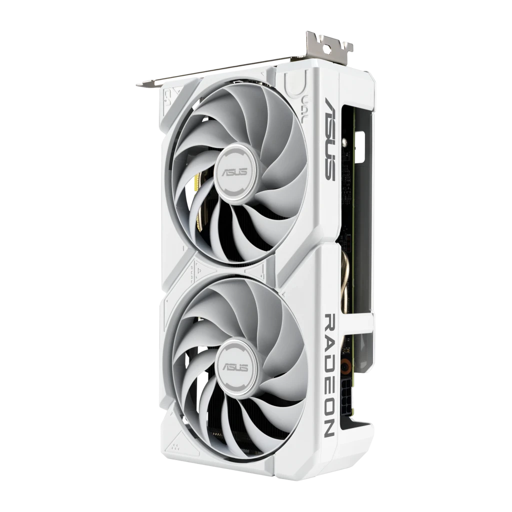 ASUS Dual RX 9060 XT 16GB Branco, placa com caixa: GPU em ângulo e embalagem oficial AMD Radeon - Item2