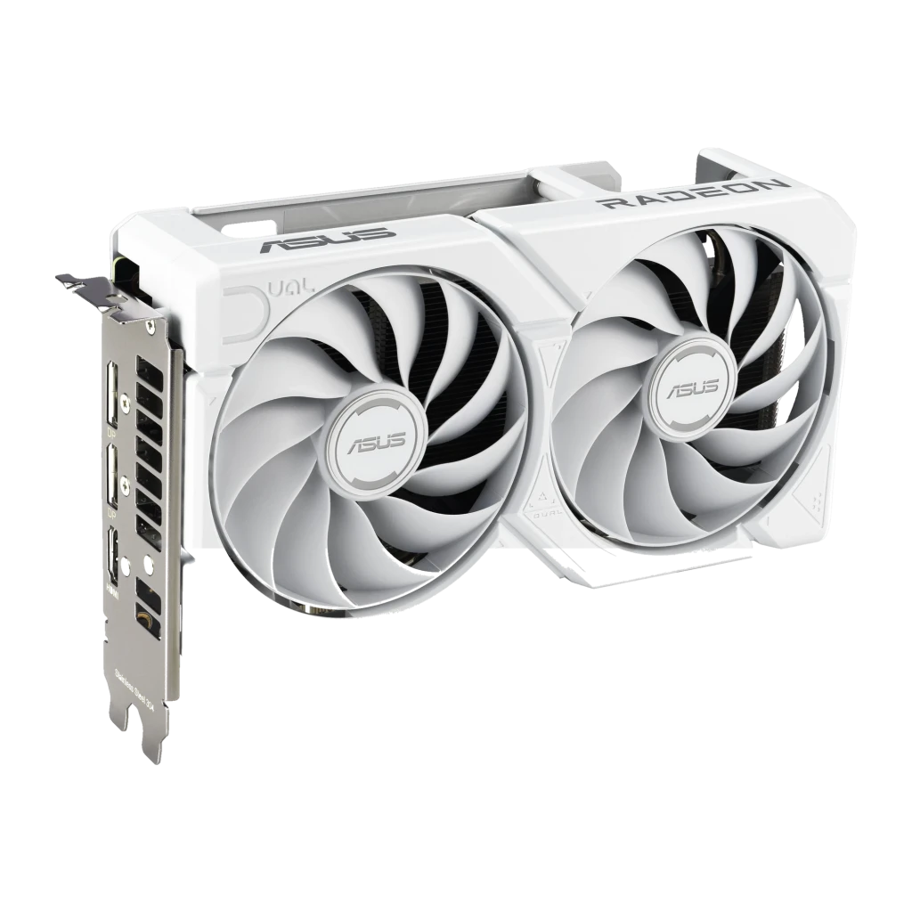 ASUS Dual RX 9060 XT 16GB Branco, placa com caixa: GPU em ângulo e embalagem oficial AMD Radeon - Item1