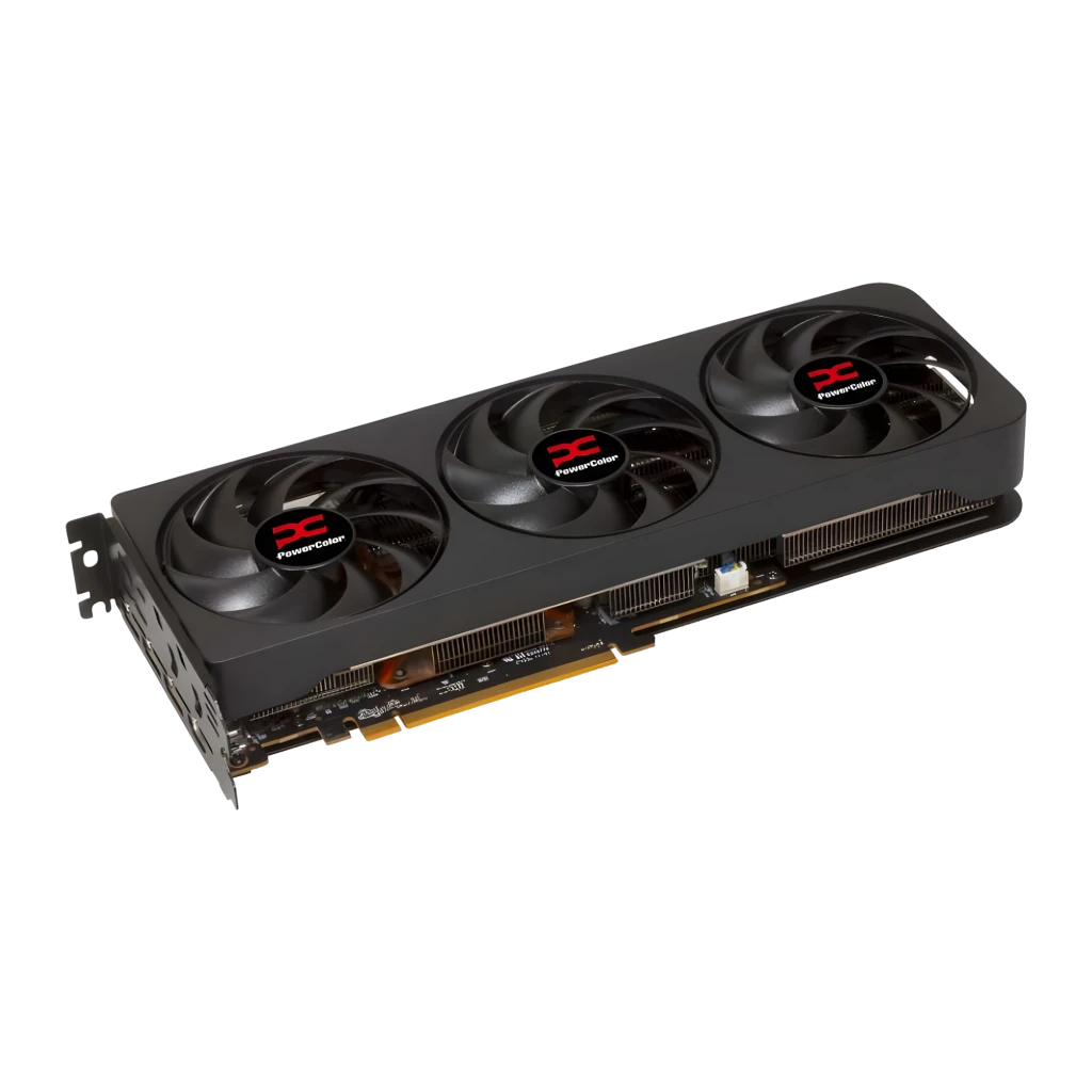 PowerColor Reaper RX 9070 XT 16GB preto, vista frontal com caixa: placa gráfica triplo ventilador e embalagem Reaper - Item3