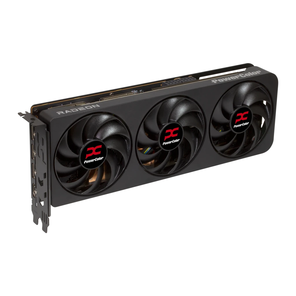 PowerColor Reaper RX 9070 XT 16GB preto, vista frontal com caixa: placa gráfica triplo ventilador e embalagem Reaper - Item2