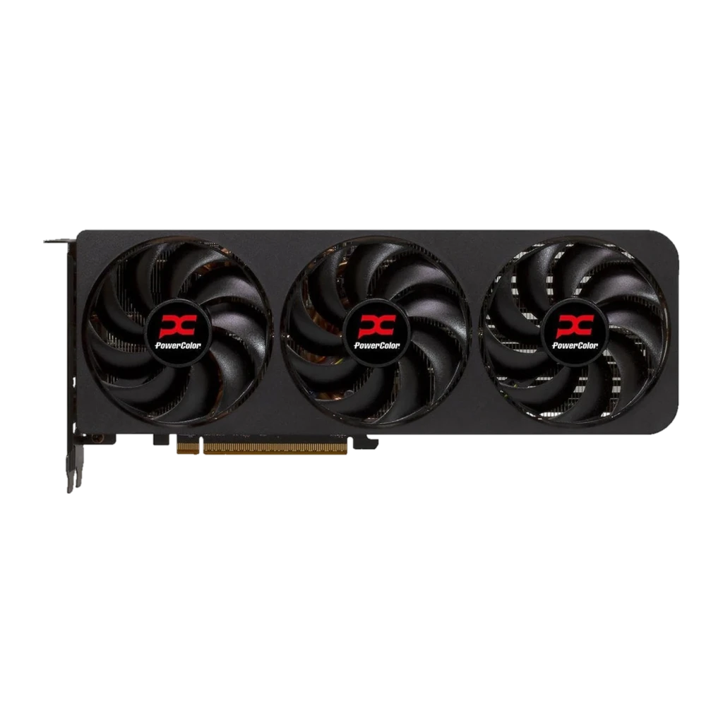 PowerColor Reaper RX 9070 XT 16GB preto, vista frontal com caixa: placa gráfica triplo ventilador e embalagem Reaper - Item1