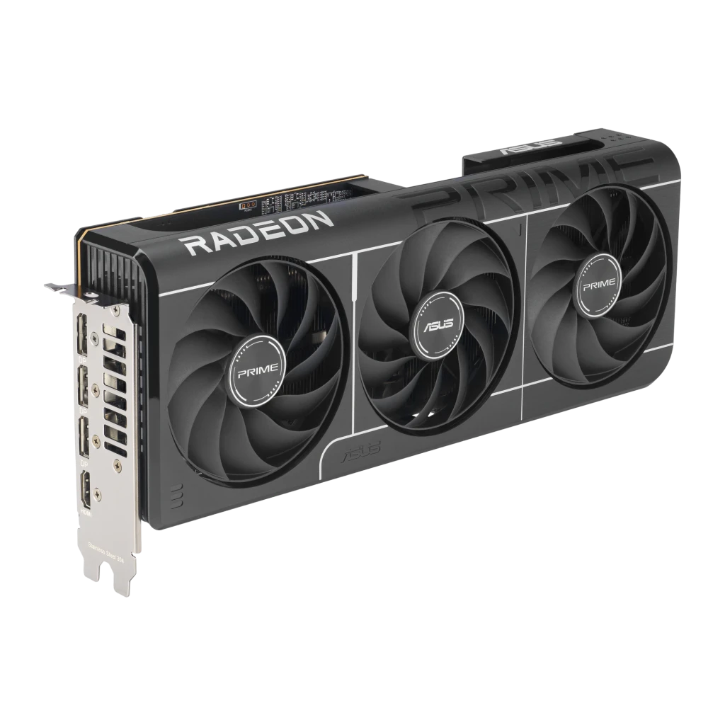 ASUS Prime RX 9070 16GB Preto, produto e caixa: placa gráfica triplo ventilador com embalagem AMD Radeon OC - Item1