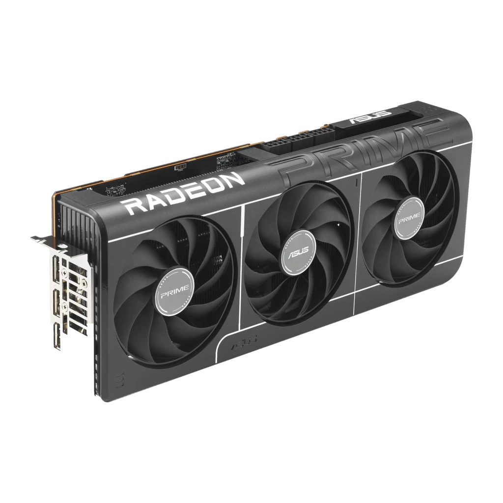 ASUS Prime Radeon RX 9070 XT OC 16GB, vista com caixa: placa gráfica preta com triplo ventilador e embalagem AMD - Item1
