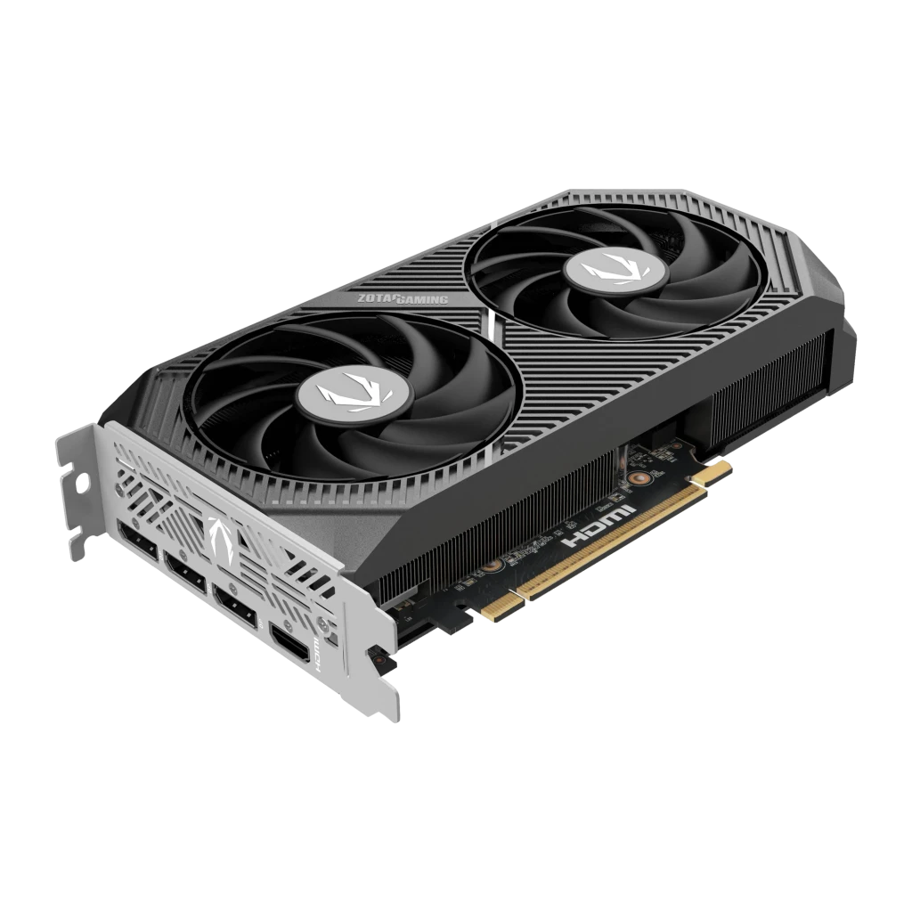 ZOTAC RTX 5060 AMP 8GB Preto, vista com caixa: placa gráfica preta com dois ventoinhas ao lado da embalagem - Item1