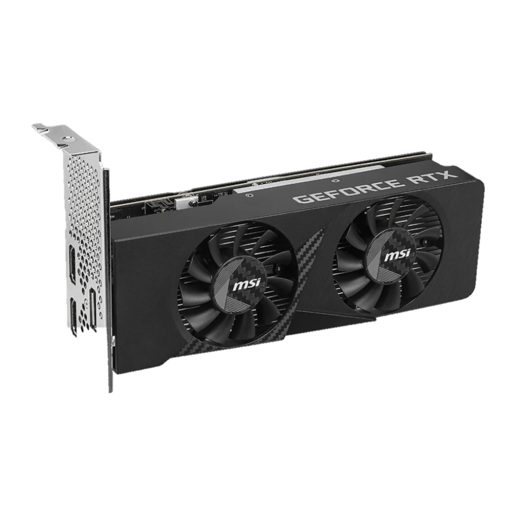 MSI GeForce RTX 3050 LP E 6G OC 6GB preta, produto e caixa: placa low profile com duplo ventilador e embalagem oficial - Item2