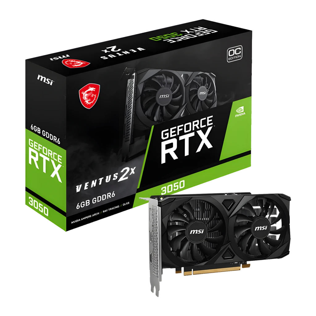 MSI GeForce RTX 3050 LP E 6G OC 6GB preta, produto e caixa: placa low profile com duplo ventilador e embalagem oficial - Item4