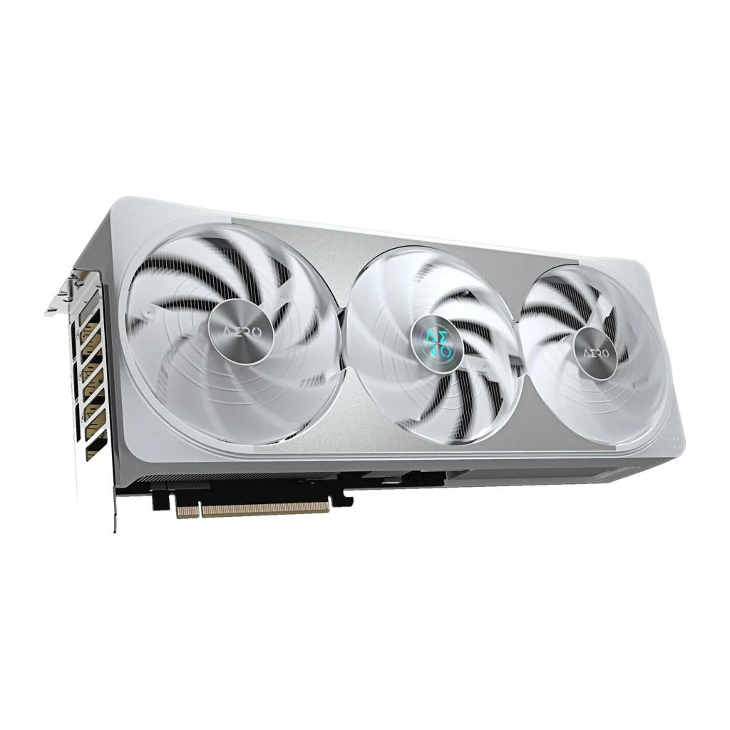 Gigabyte GeForce RTX 5070 Ti Aero OC 16GB Branco, vista com caixa: placa branca com triplo ventilador e embalagem AERO - Item3