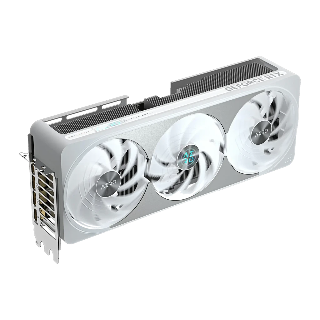Gigabyte GeForce RTX 5070 Ti Aero OC 16GB Branco, vista com caixa: placa branca com triplo ventilador e embalagem AERO - Item4