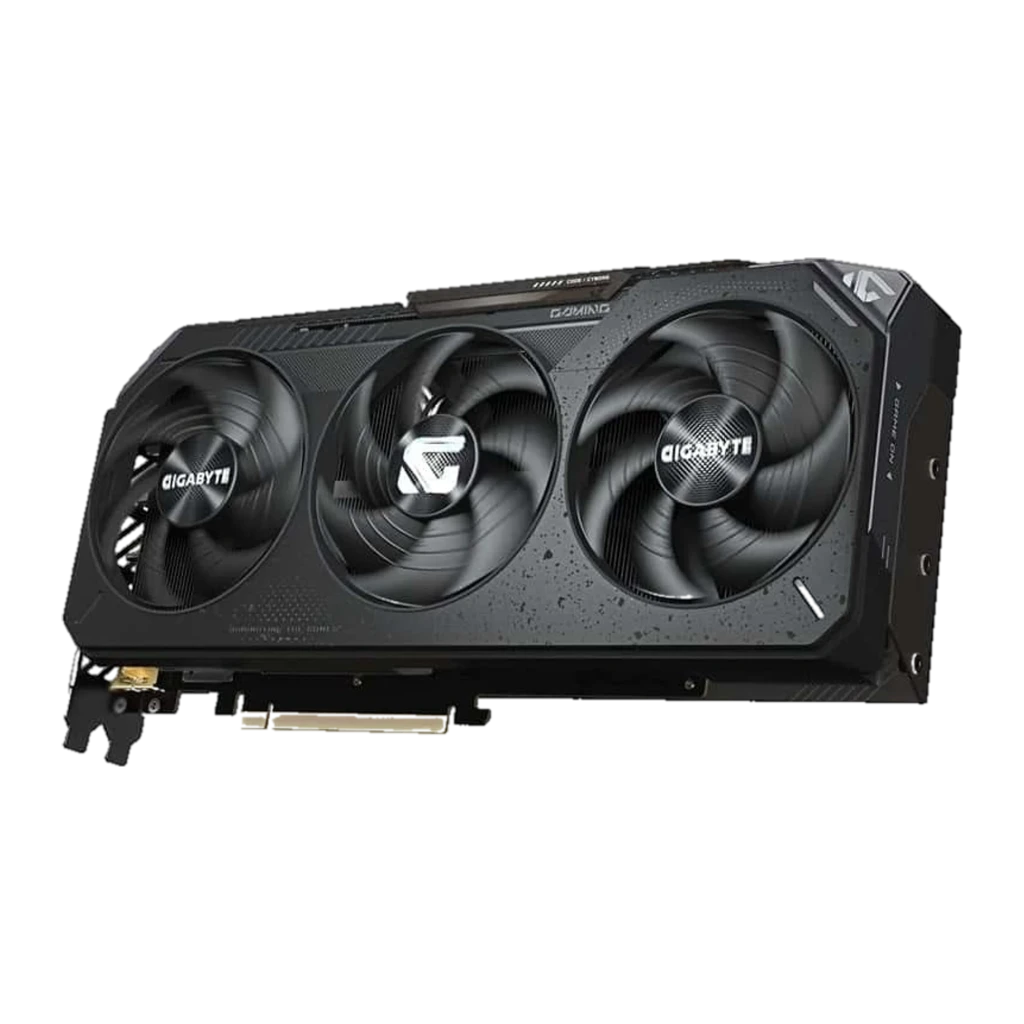 Gigabyte RTX 5070 Gaming OC 12GB Preto, vista secundária: placa gráfica com triplo ventilador e caixa do produto ao fundo - Item1