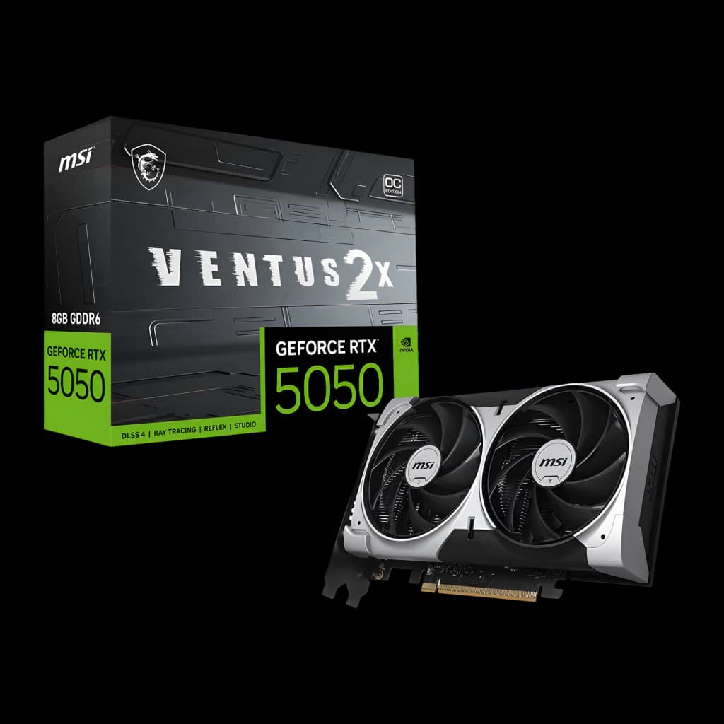 MSI GeForce RTX 5050 Ventus 2X OC 8GB Plata, vista con caja: tarjeta en ángulo frontal junto a caja negra y verde