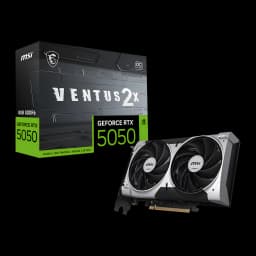 MSI GeForce RTX 5050 Ventus 2X OC 8GB Plata, vista con caja: tarjeta en ángulo frontal junto a caja negra y verde