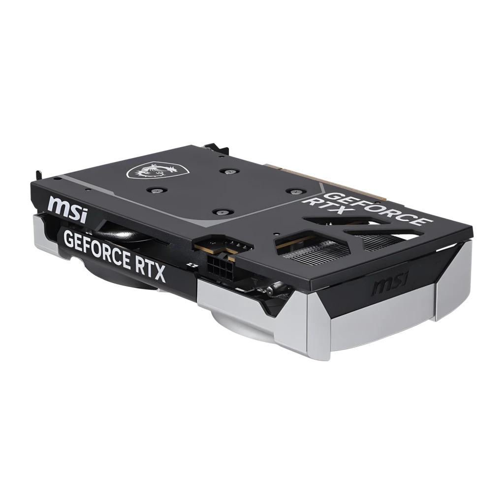 MSI GeForce RTX 5050 Ventus 2X OC 8GB Prata, vista com caixa: placa em ângulo frontal ao lado da caixa preta e verde - Item1