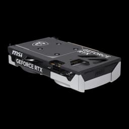 MSI GeForce RTX 5050 Ventus 2X OC 8GB Plata, vista trasera en ángulo: backplate negro con logo dragón y conector de