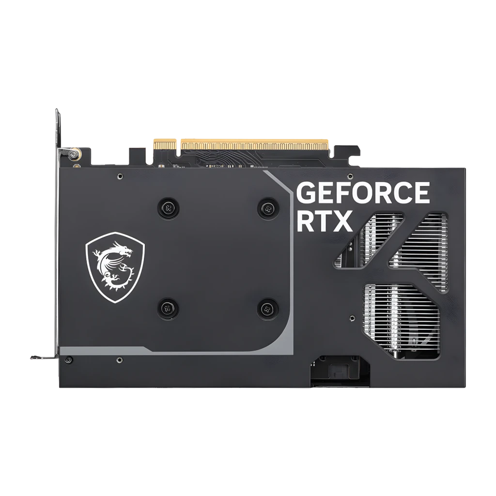 MSI GeForce RTX 5050 Ventus 2X OC 8GB Prata, vista com caixa: placa em ângulo frontal ao lado da caixa preta e verde - Item2