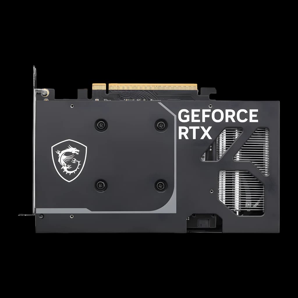 MSI GeForce RTX 5050 Ventus 2X OC 8GB Plata, parte trasera: backplate con logo dragón MSI, texto GeForce RTX y ventilación
