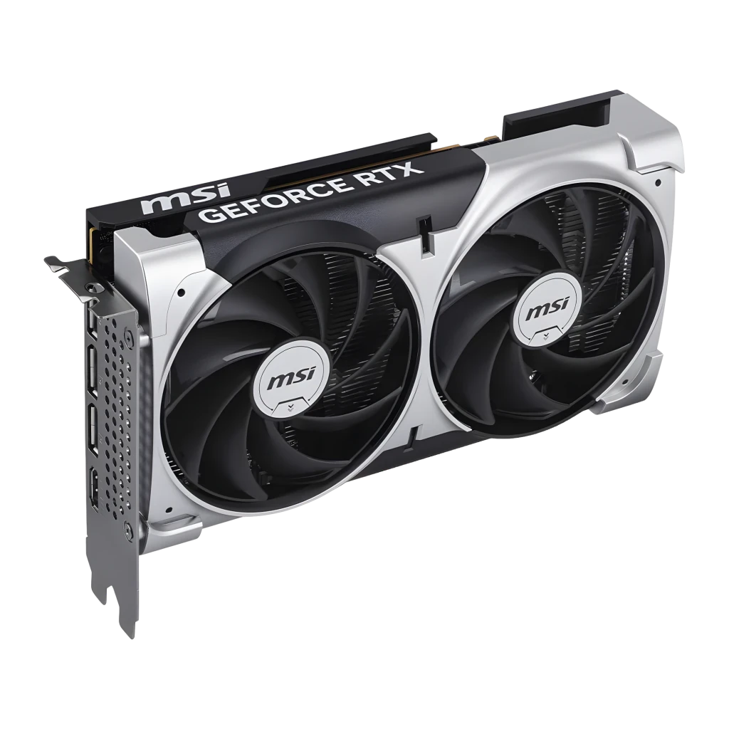 MSI GeForce RTX 5050 Ventus 2X OC 8GB Prata, vista com caixa: placa em ângulo frontal ao lado da caixa preta e verde - Item3