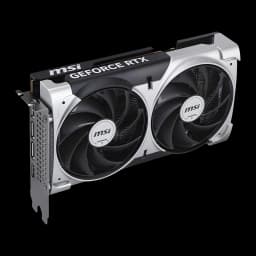 MSI GeForce RTX 5050 Ventus 2X OC 8GB Plata, vista frontal en ángulo: dos ventiladores con logo MSI y bracket lateral visible